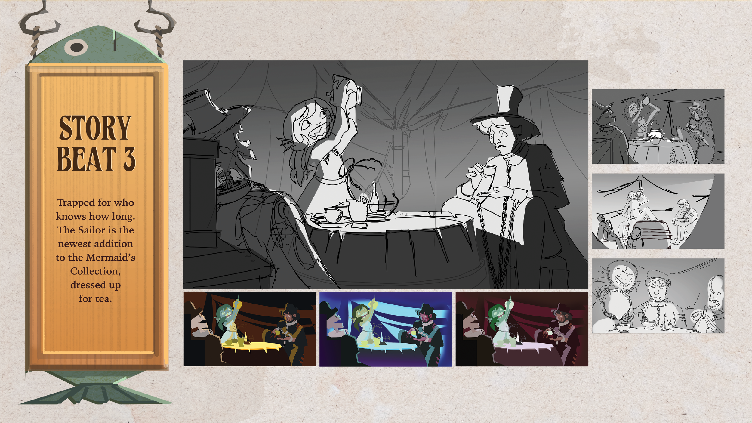 A comic strip of a theatrical scene with different lighting, showing a green witch and a man in chains at a tea table in the main panel, with smaller scenes of performances and costumes around it. The left side has a wooden sign with text about a sto