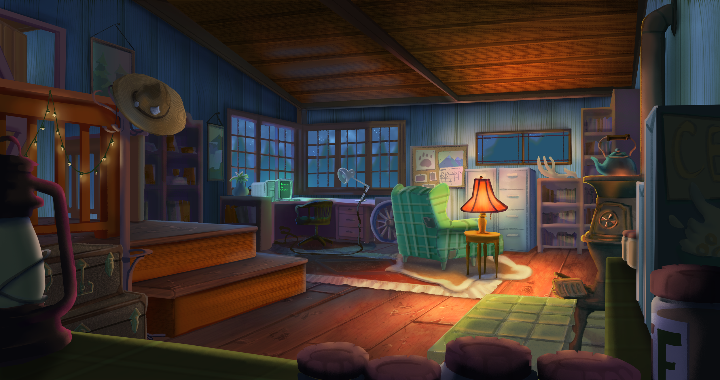 A cozy, warmly lit rustic cabin interior with wooden floors and walls, filled with furniture and decorative items. There's a green armchair, an end table with a lamp, a desk with a computer, a bookshelf, and various knick-knacks. Large windows show a