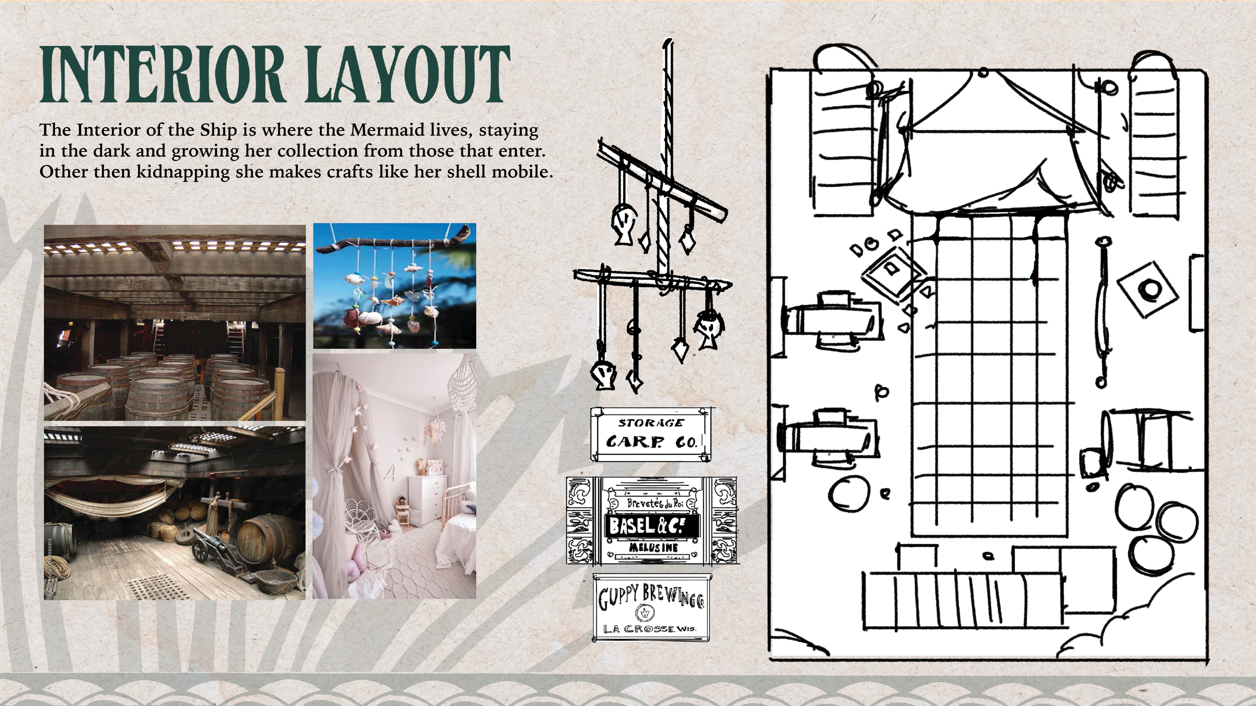 Interior layout of a ship with pirate and mermaid themes, including mock-up drawings, photographs of barrels, a hanging mobile of seashells, and a cozy room with netting and pink accents, along with signs for a craft shop and brewing, set in a vintag