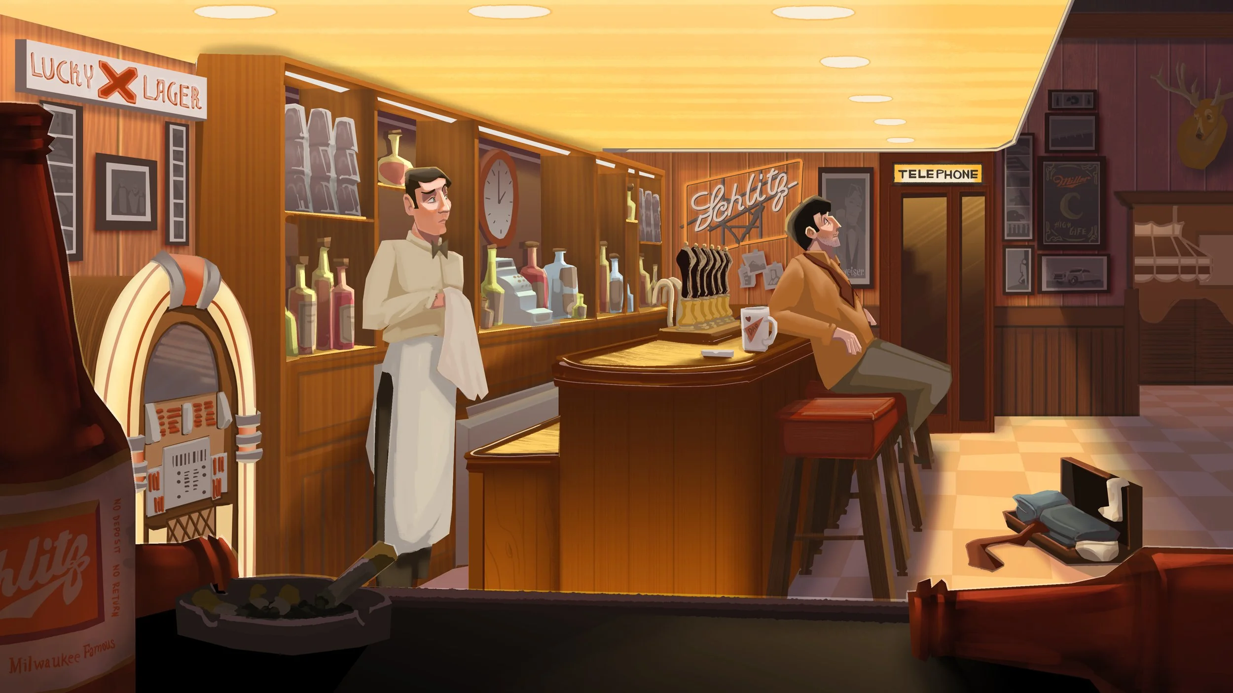 Interior of a vintage bar with a jukebox, shelves of bottles, a bar counter with a coffee mug, and a man sitting on a stool, with another man dressed as a waiter behind the counter, and a man laying on the floor.