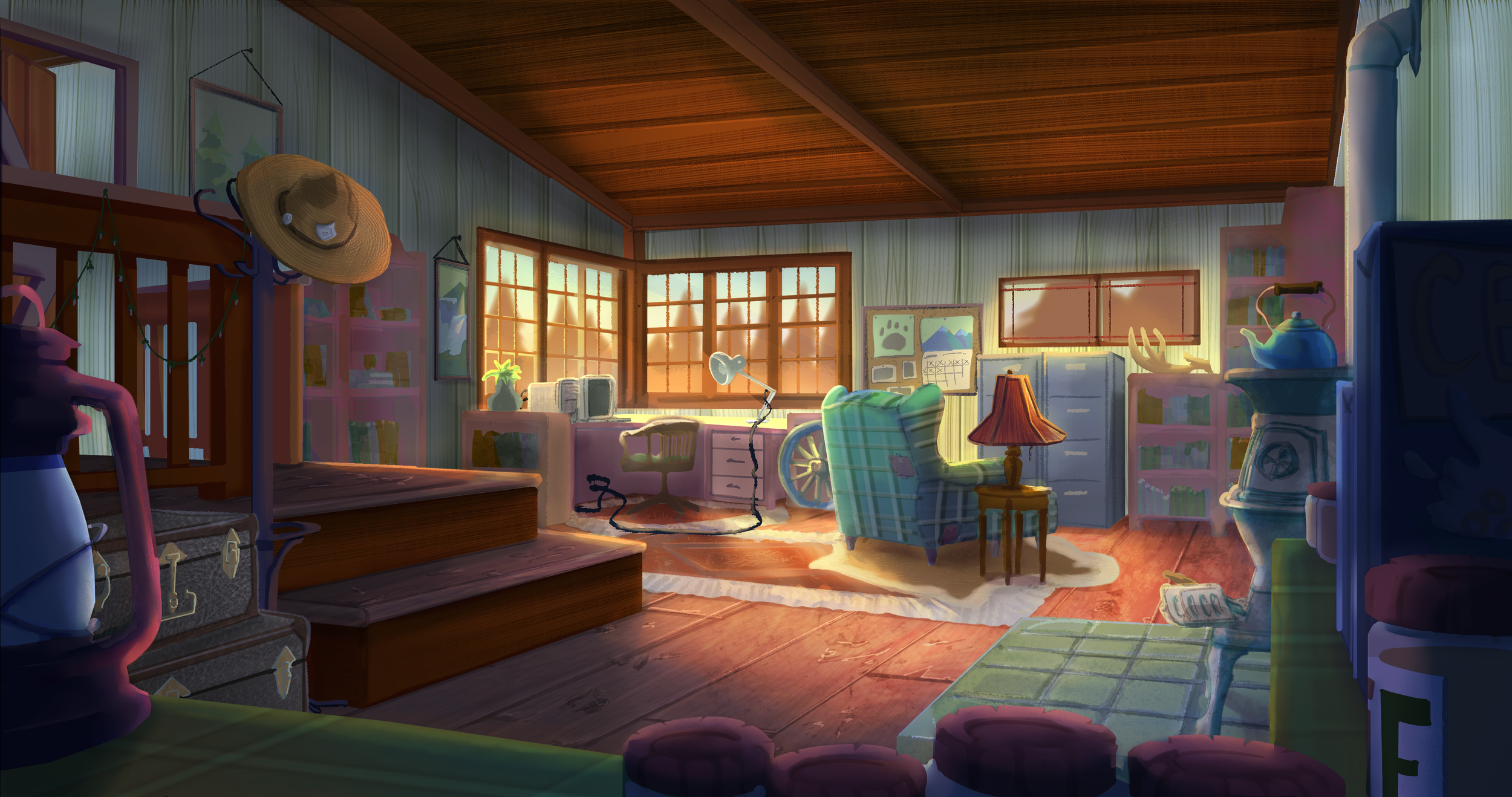 Sunset light streams through large windows into a cozy, cluttered room with wooden floors and walls. The room contains furniture including a plaid armchair, an end table with a lamp, a bookshelf, and a desk with a lamp. Items like a teapot, books, pi