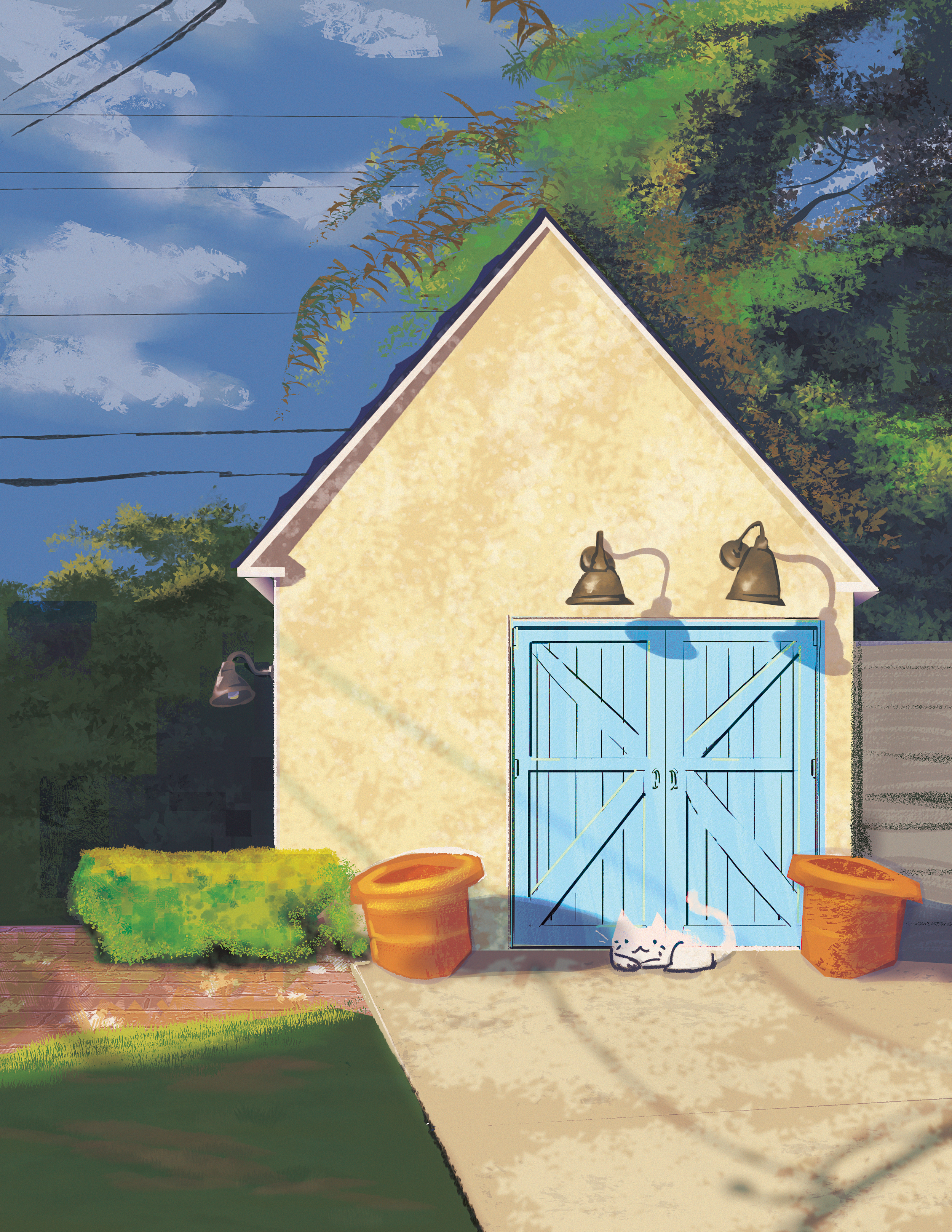 A small beige backyard shed with a blue double door, two exterior wall lights, and a white cat lying in front of the door. There are two orange plant pots, a green bush, and a brick pathway in the yard. Trees and a blue sky with clouds are visible in
