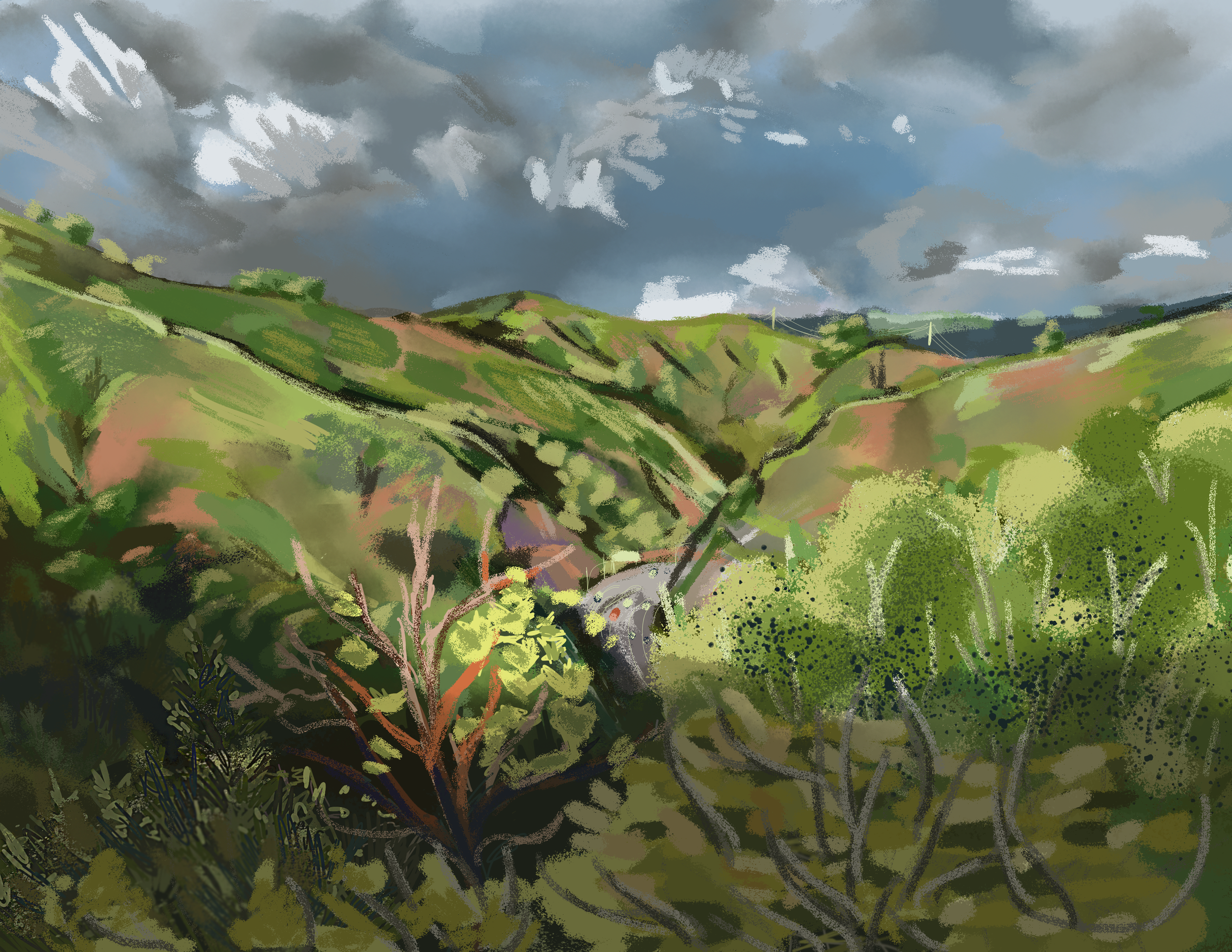 A painted landscape of green hills under a cloudy sky, with trees and vegetation in the foreground and power lines on distant hills.