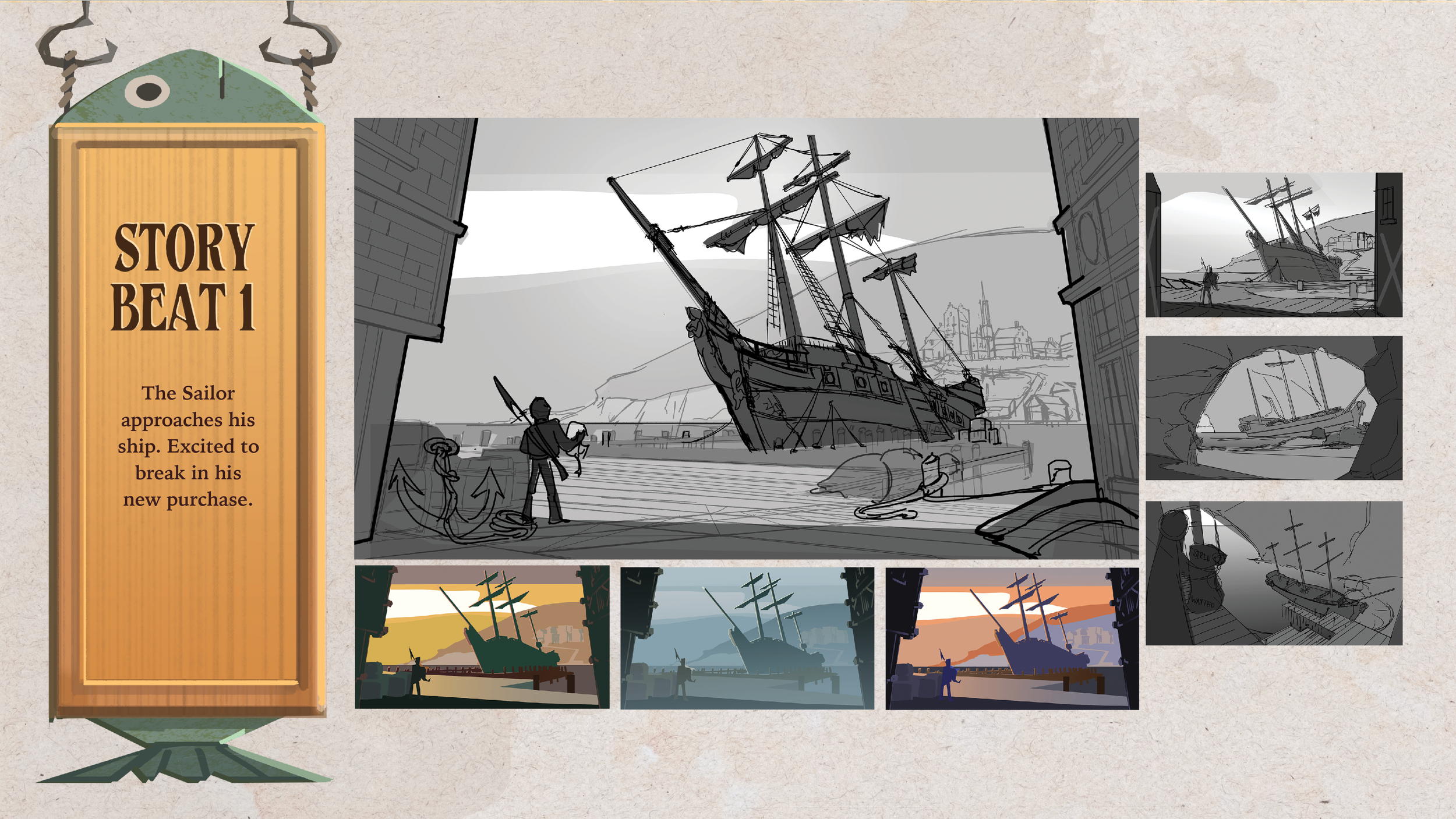 Storyboard sequence showing a ship approaching a dock, with animated scenes of the ship at sunset, in cave, and at sunrise.