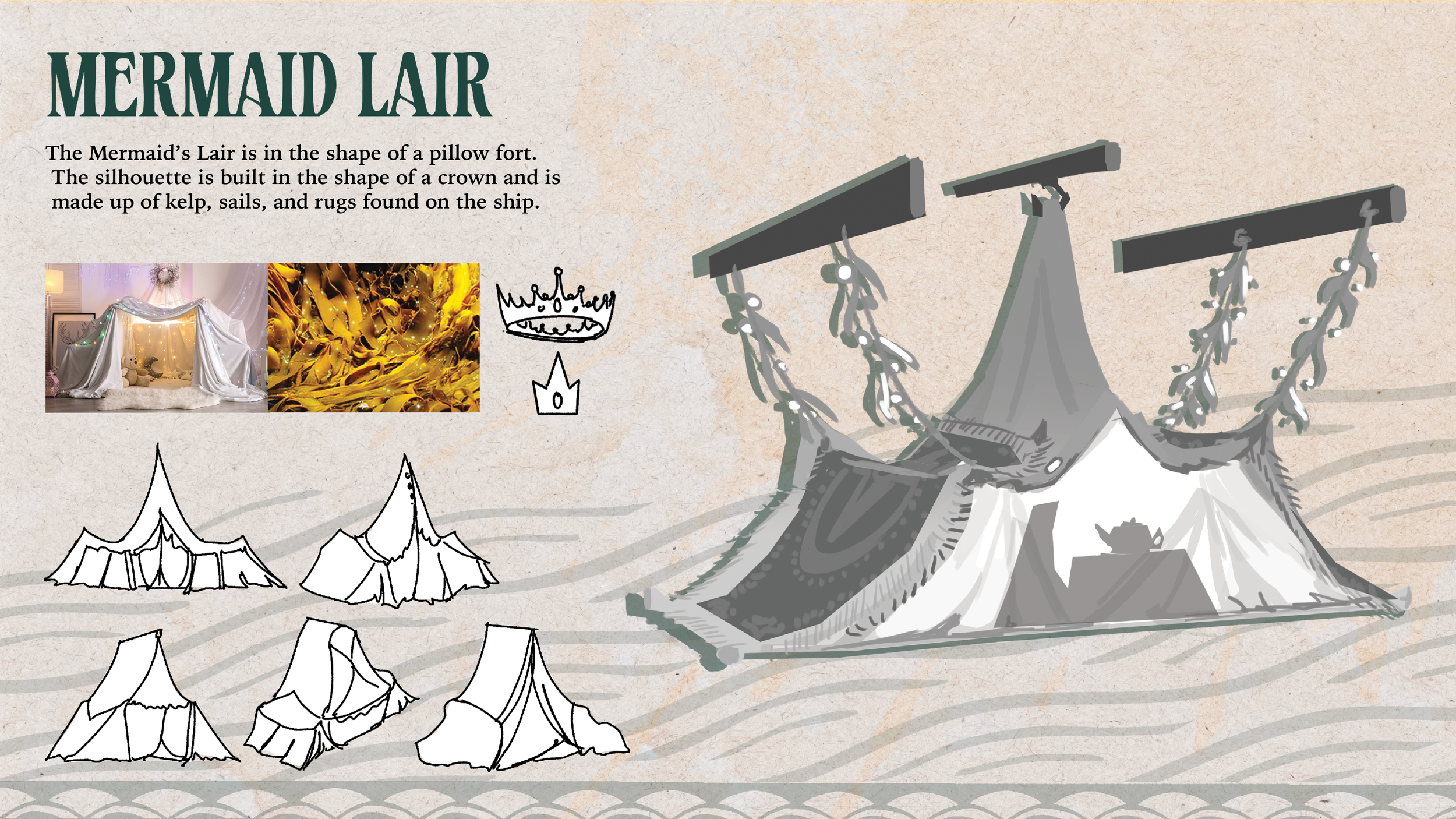 Illustration of a Mermaid Lair built in the shape of a pillow fort with a crown silhouette, made of kelp, sails, and rugs, with black and white sketches of the different tent designs, and photos of the actual mermaid lair with decorative lighting and