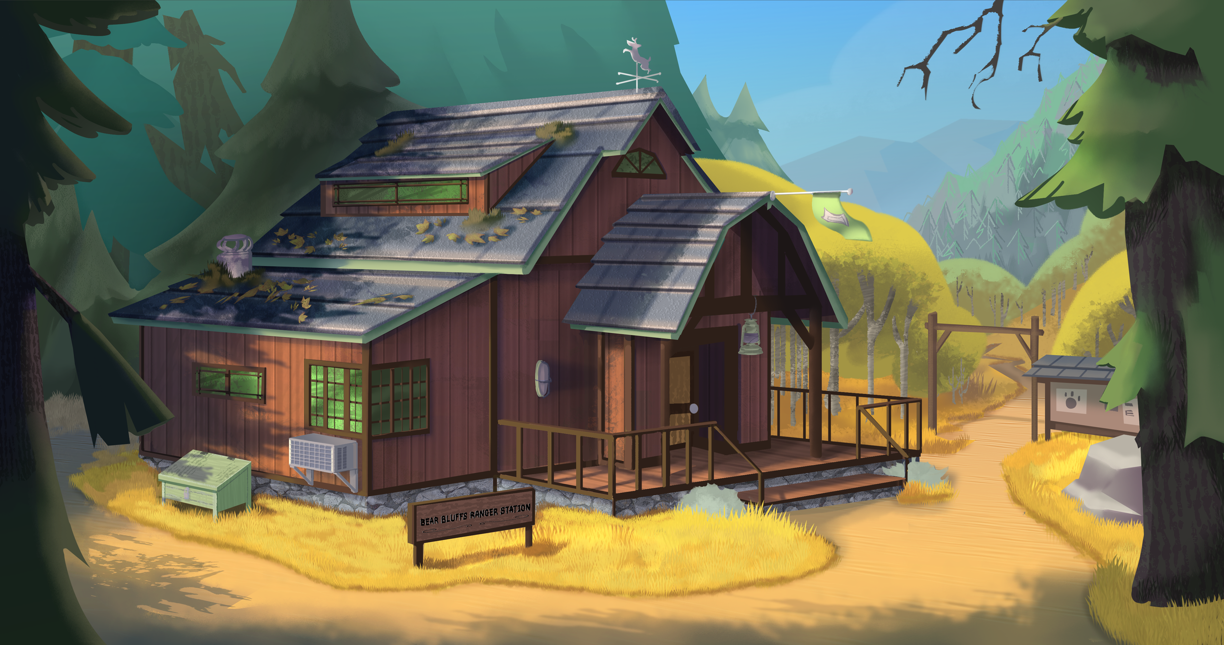 A wooden ranger station labeled 'Bear Bluffs Ranger Station' is situated in a forest clearing with tall trees and mountains in the background. The station has a weathered roof with fallen leaves and an air conditioning unit on the side. A dirt path l