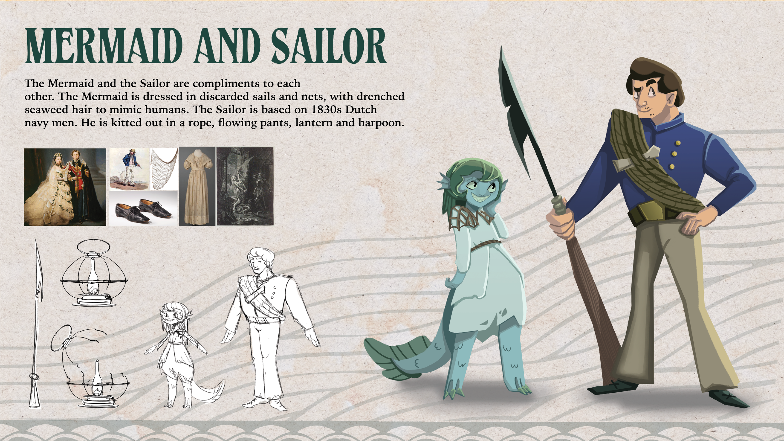 An infographic titled "Mermaid and Sailor," depicting a mermaid dressed in discarded seashells and seaweed hair and a sailor dressed in 1830s Dutch navy attire, holding a harpoon. The infographic includes sketches and photos of the costumes, along wi