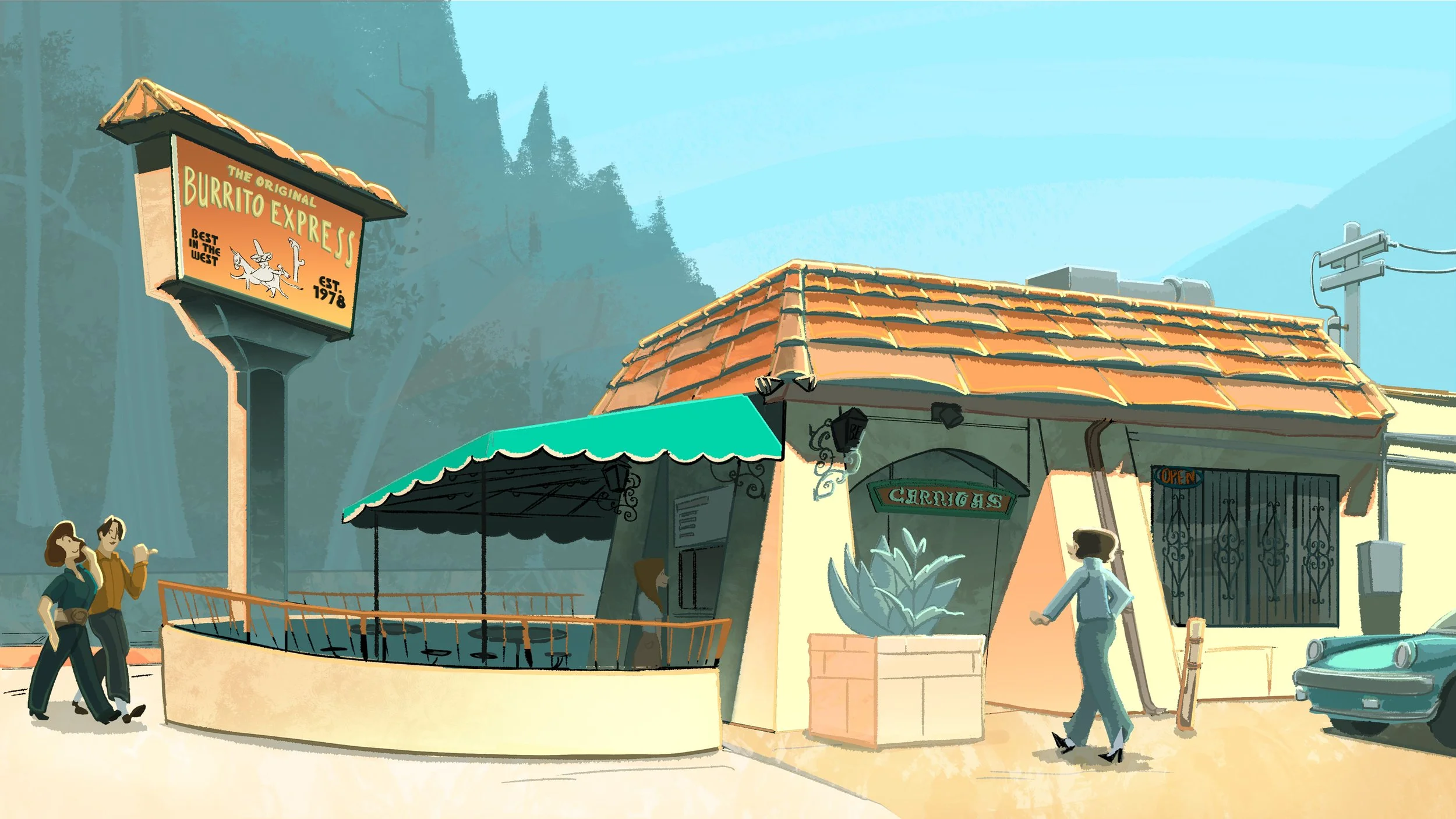 Illustration of a casual outdoor scene with a small restaurant called 'Carrigas'. The restaurant has a tiled roof, a green awning, and outdoor seating area. There is a tall sign for 'Burrito Express' in the background, along with a woman walking by, 