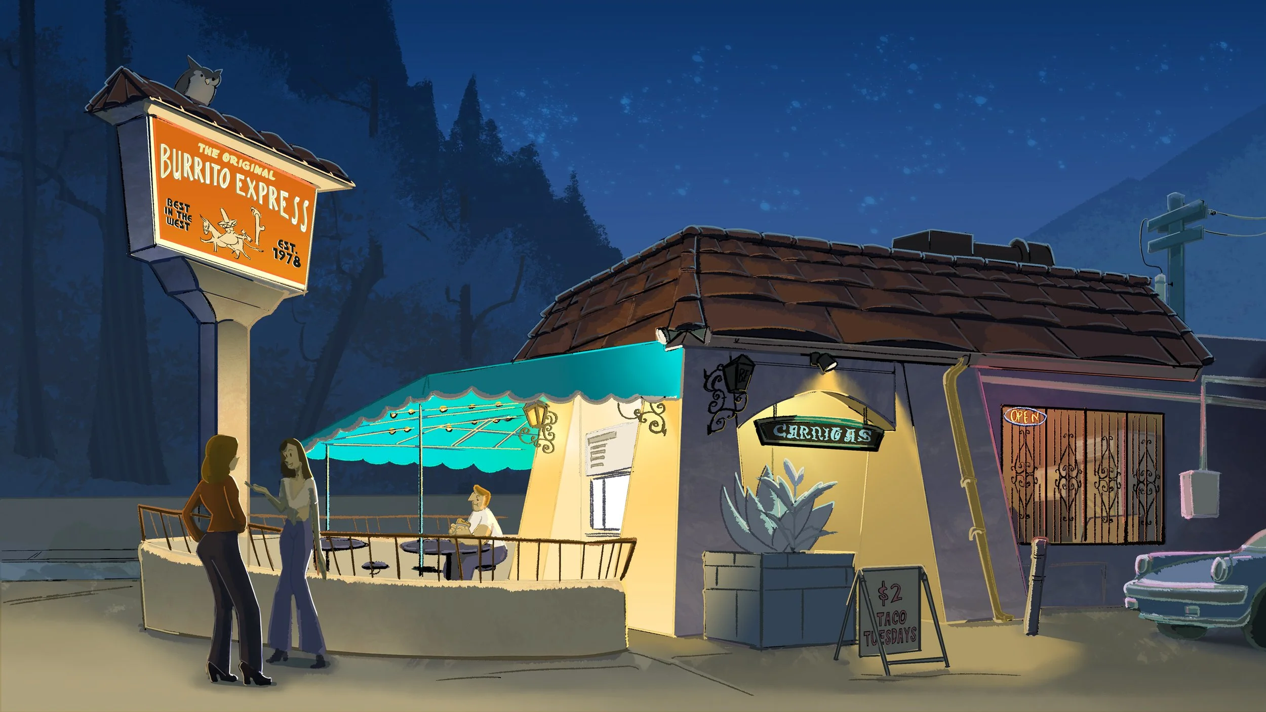 Nighttime scene of a small restaurant called Carne As with an outdoor seating area, a neon sign, two women talking outside, a man sitting at a table, car parked nearby, and trees in the background. A large illuminated sign for Burrito Express is visi