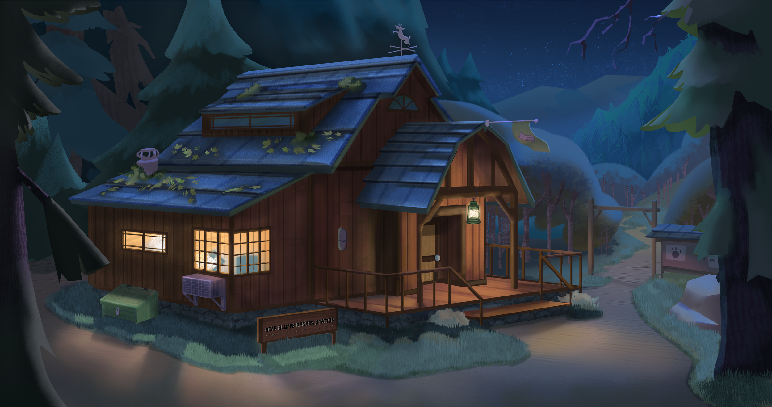 A wooden cabin with glowing windows and a lantern hanging outside, located in a forest at night, with a trail leading away from it and a sign that reads Bear Bluffs Ranger Station.