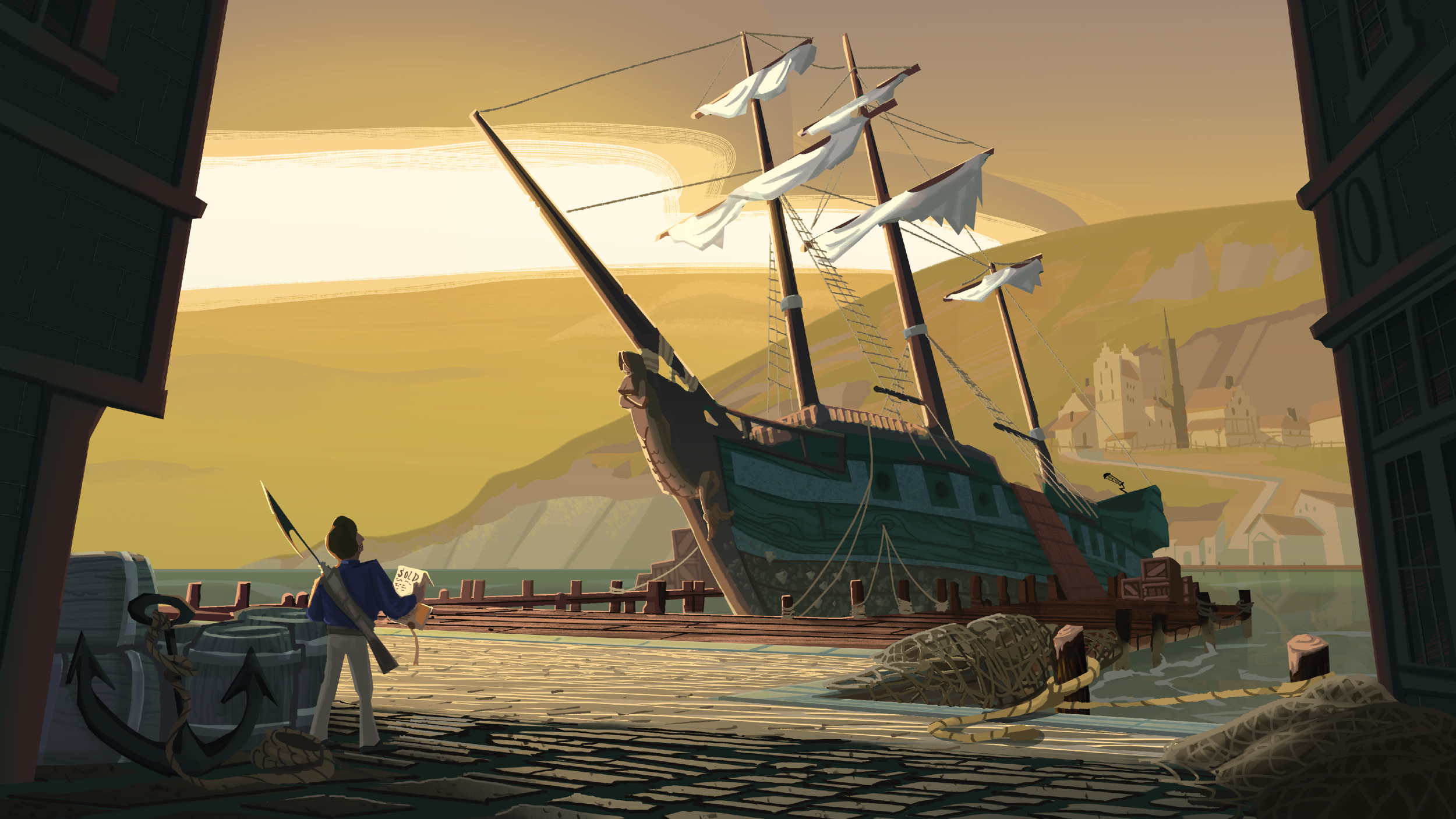 A large, old-fashioned sailing ship with torn sails docked at a harbor during sunset. A man stands on the dock holding a piece of paper and looking at the ship. The harbor has barrels, ropes, and an anchor nearby, with buildings and hills in the back
