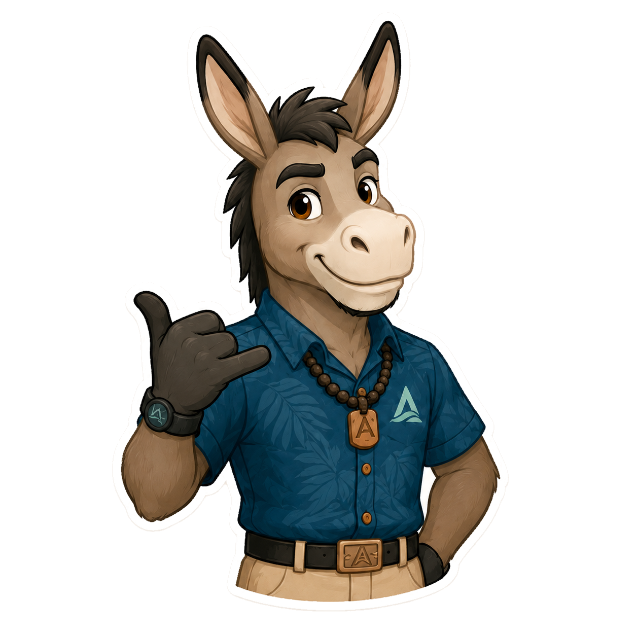 Akamai mascot — a friendly mule in an aloha shirt throwing a shaka