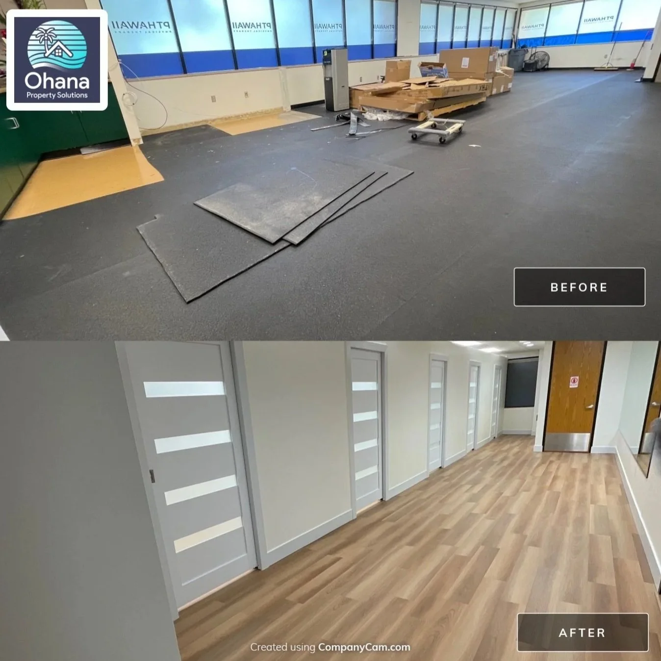 Before and after flooring renovation replacing carpet with hardwood