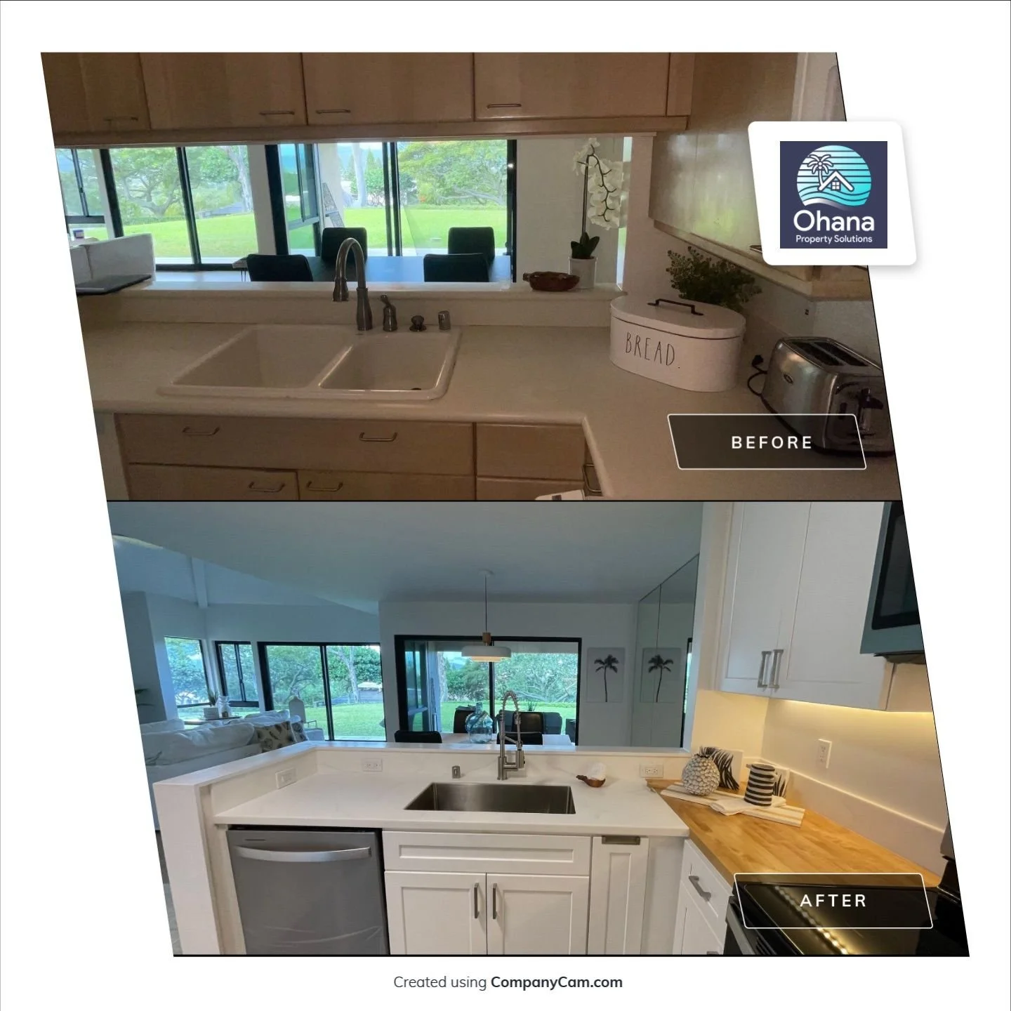 Modern lanikai kitchen renovation with white cabinets and stainless appliances.