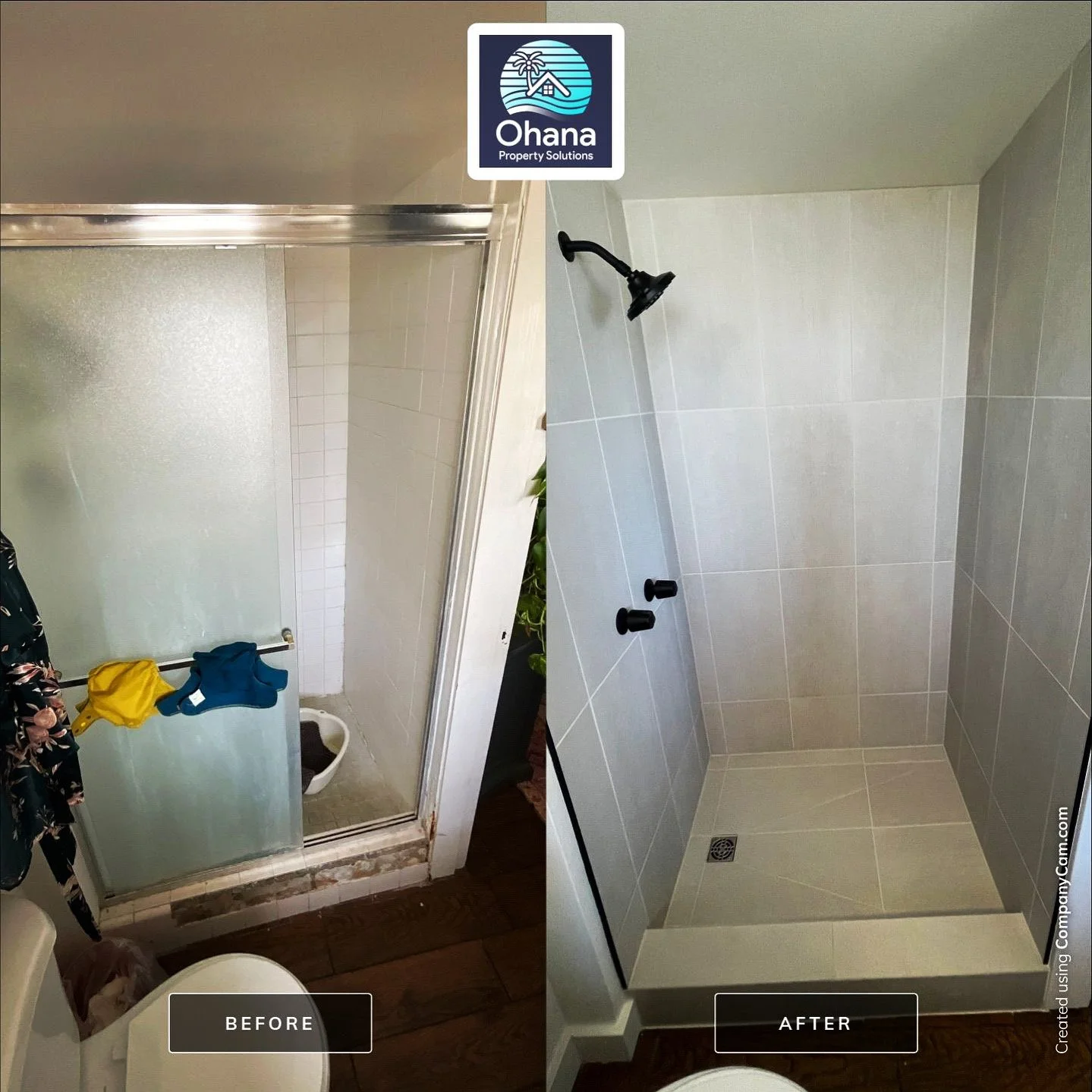 Comparison of a bathroom shower area before and after renovation. The before side shows an old shower with frosted glass door, rusted metal frame, and a yellow and blue cloth hanging. The after side displays a modern, clean, tiled shower with black fixtures, a drain, and no door.