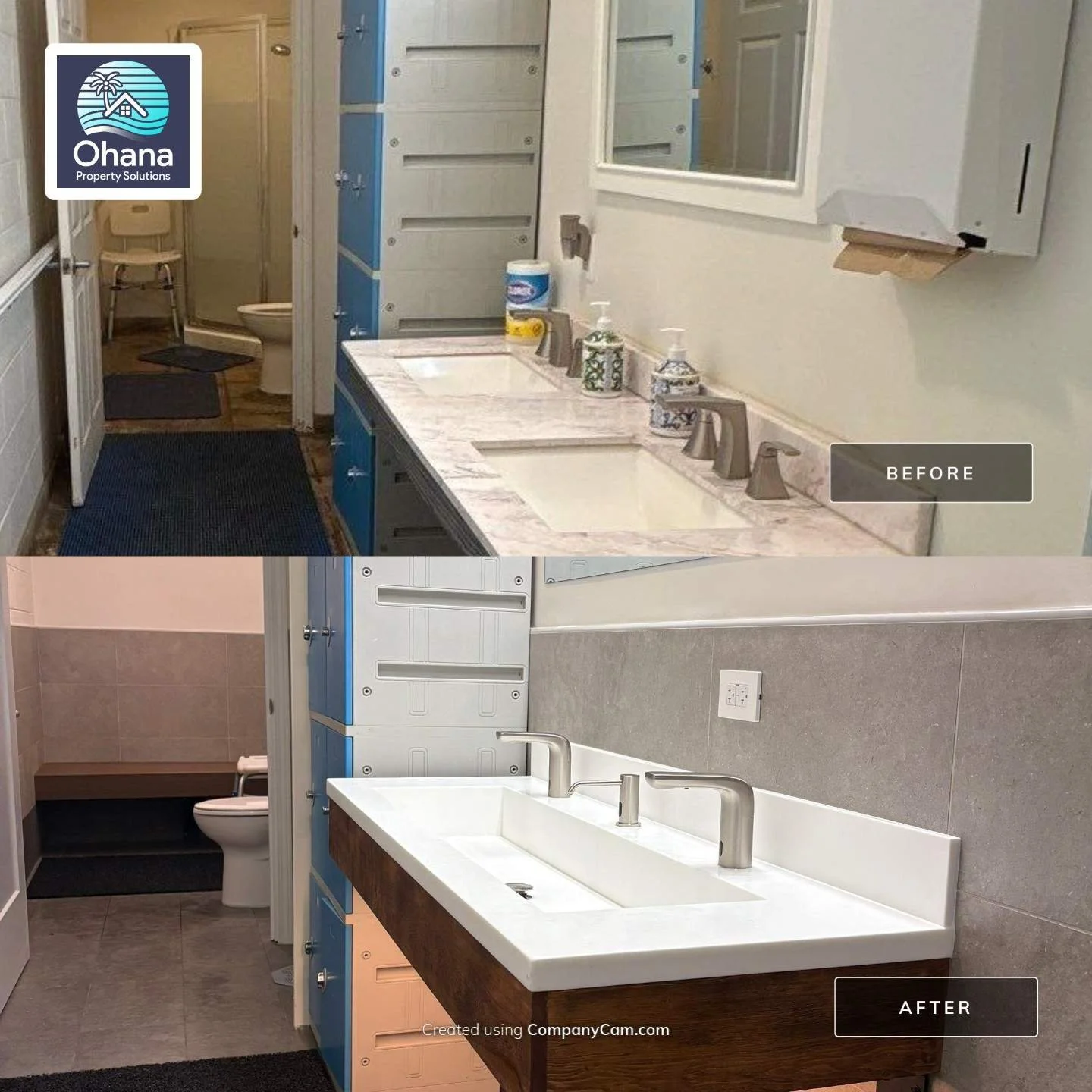 Hawaii commercial Bathroom remodel installing tile, double sink vanity, lighting, and updated fixtures.