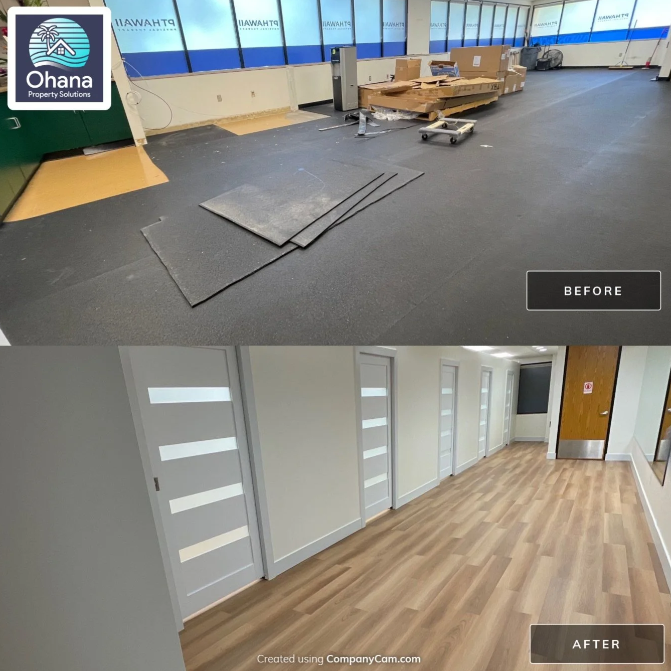 Commercial office renovation with new vinyl plank flooring installation.