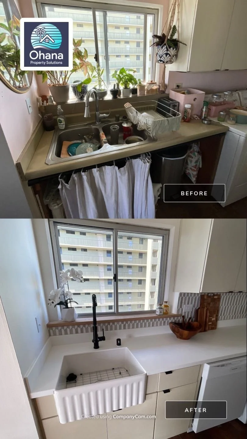 Side-by-side comparison of a kitchen before and after renovation. The "before" image shows a cluttered countertop with a sink full of dishes, plants on the windowsill, and various kitchen items scattered around. The "after" image features a clean, mi