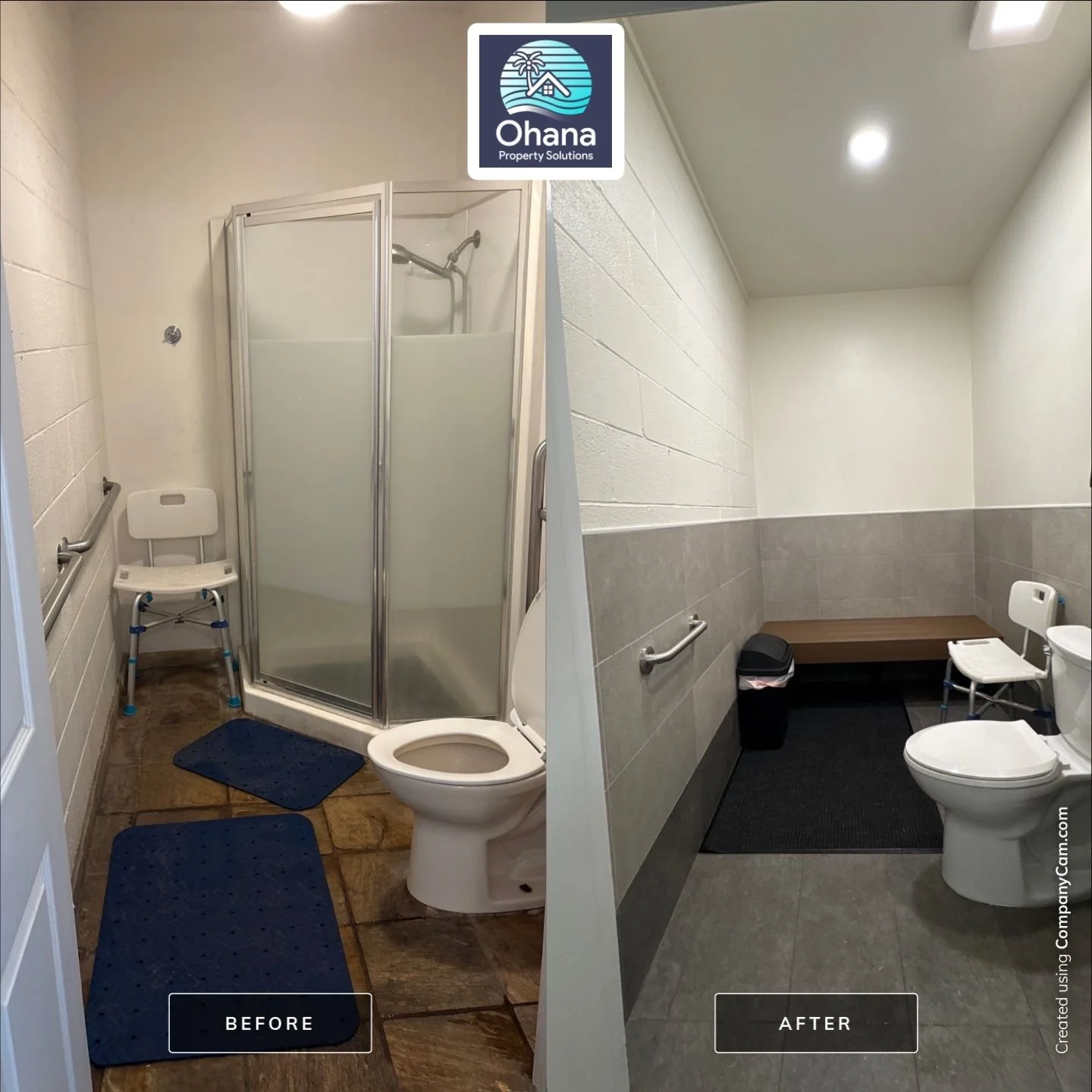 Bathroom renovation expanding shower and updating tile walls.