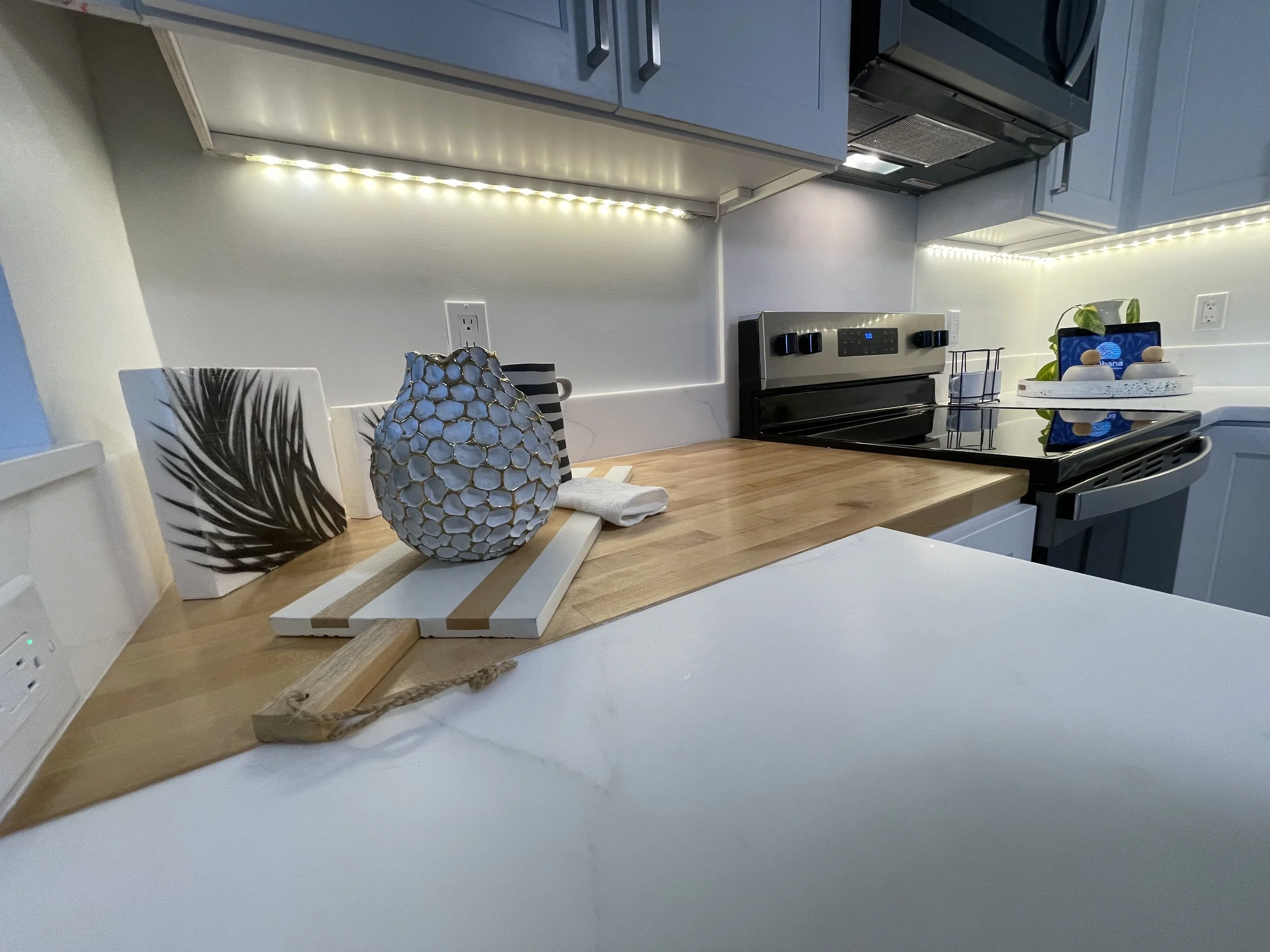 Kitchen countertop with decorative items including a vase, a black and white striped mug, and artworks with palm leaf designs, with a stove and cabinets in the background.