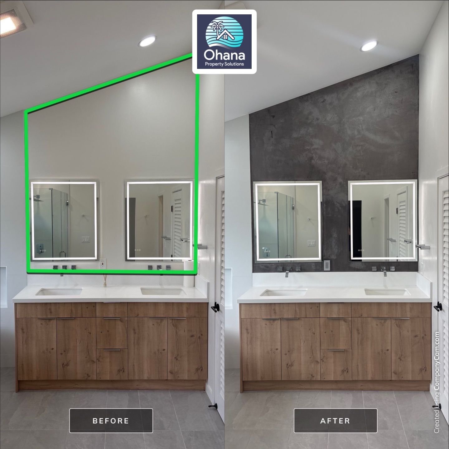 Bathroom vanity with dual sinks before and after renovation. The 'before' side shows a plain white wall with two illuminated mirrors, while the 'after' side shows a dark textured wall with illuminated mirrors and a modern wooden cabinet.