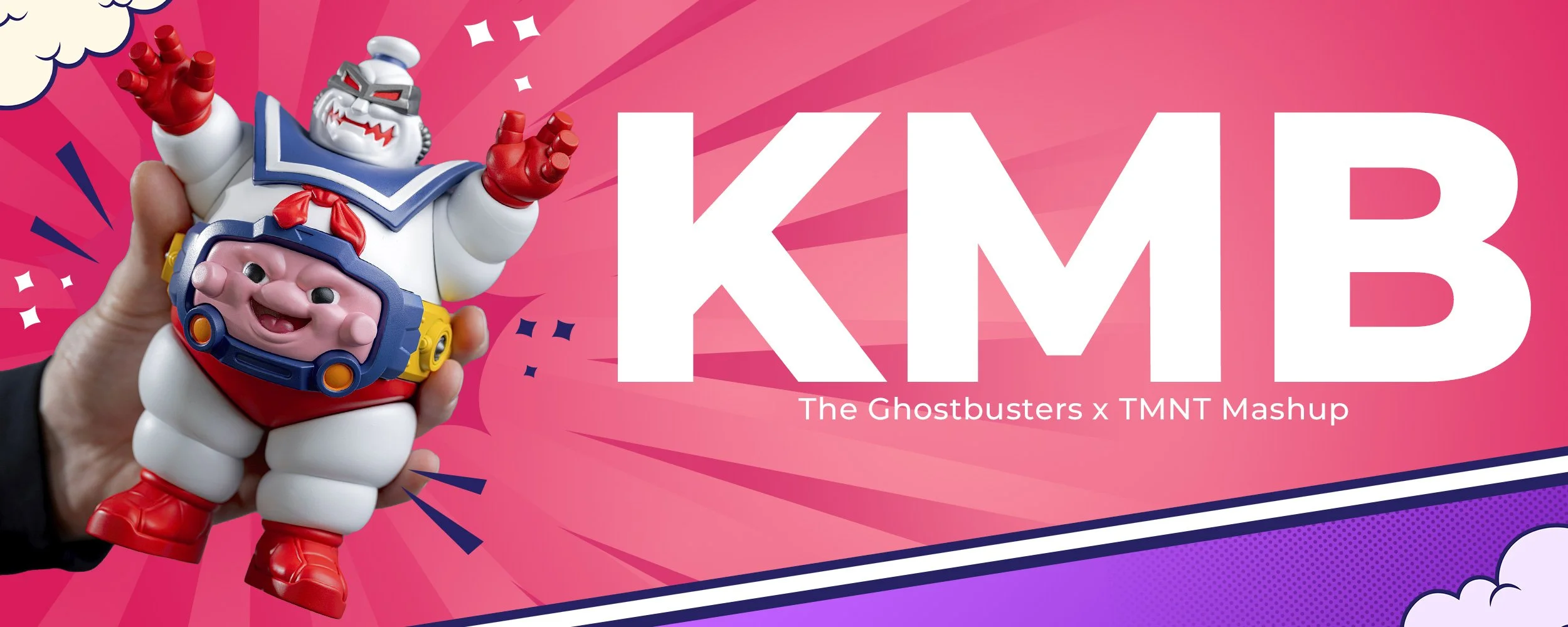 A colorful promotional image for a Ghostbusters and TMNT mashup featuring a toy figure of a Ghostbusters character and a Teenage Mutant Ninja Turtles figure, with large lettering spelling out "KMB" and the text "The Ghostbusters x TMNT Mashup".