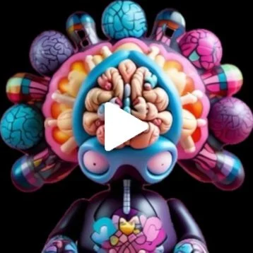 Colorful, abstract art featuring a central human brain with surrounding balloons and cartoonish elements, set against a black background.