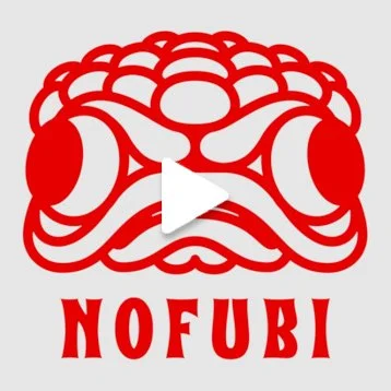 A red and white stylized illustration of a fierce-looking face, with a layered design resembling a lion or mythological creature, and the word 'NOFUBI' below in red text.