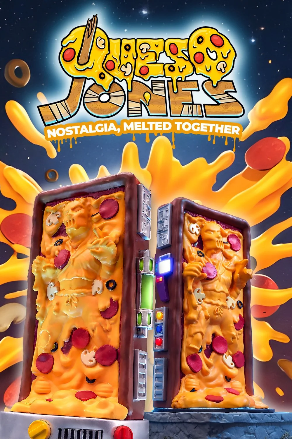 Two large pizza-themed arcade claw machines with cheese and pepperoni toppings and various pizza toppings inside, set against a colorful background with a pizza-themed logo that says "Nostalgia, Melted Together".