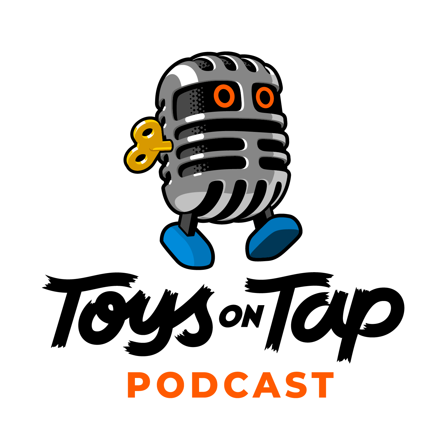 Illustration of a vintage microphone with a robot face, orange eyes, a yellow key on one side, blue shoes, and the word 'PODCAST' in orange text below.