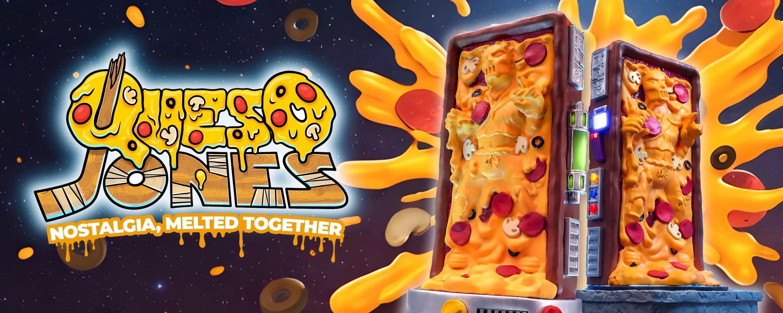 A toy arcade machine with orange cheese, pepperoni slices, and various pizza toppings, set against a space-themed background with animated pizza slices and the game title "Pizza Joins: Nostalgia, Meltdown".
