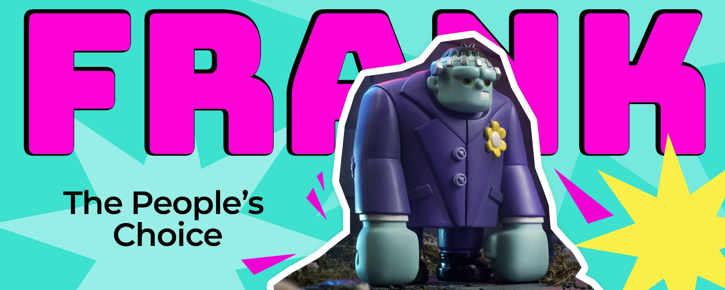 Colorful graphic with large pink text spelling 'FREAK' and a subtitle 'The People's Choice.' An animated character resembling a robot with a blue body, gray face, and a yellow flower accessory on its chest, standing in a vibrant, playful background with starburst shapes.