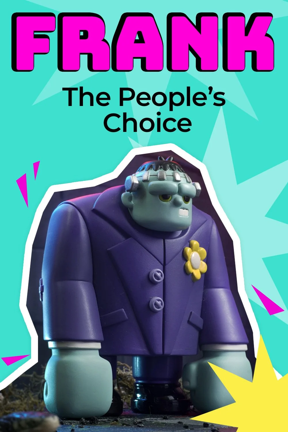 Colorful animated book cover featuring a large, green, cartoonish monster in a purple suit with a yellow flower pin, set against a bright blue background with geometric shapes. The title reads 'FRANK' in large pink letters and 'The People's Choice' in black.