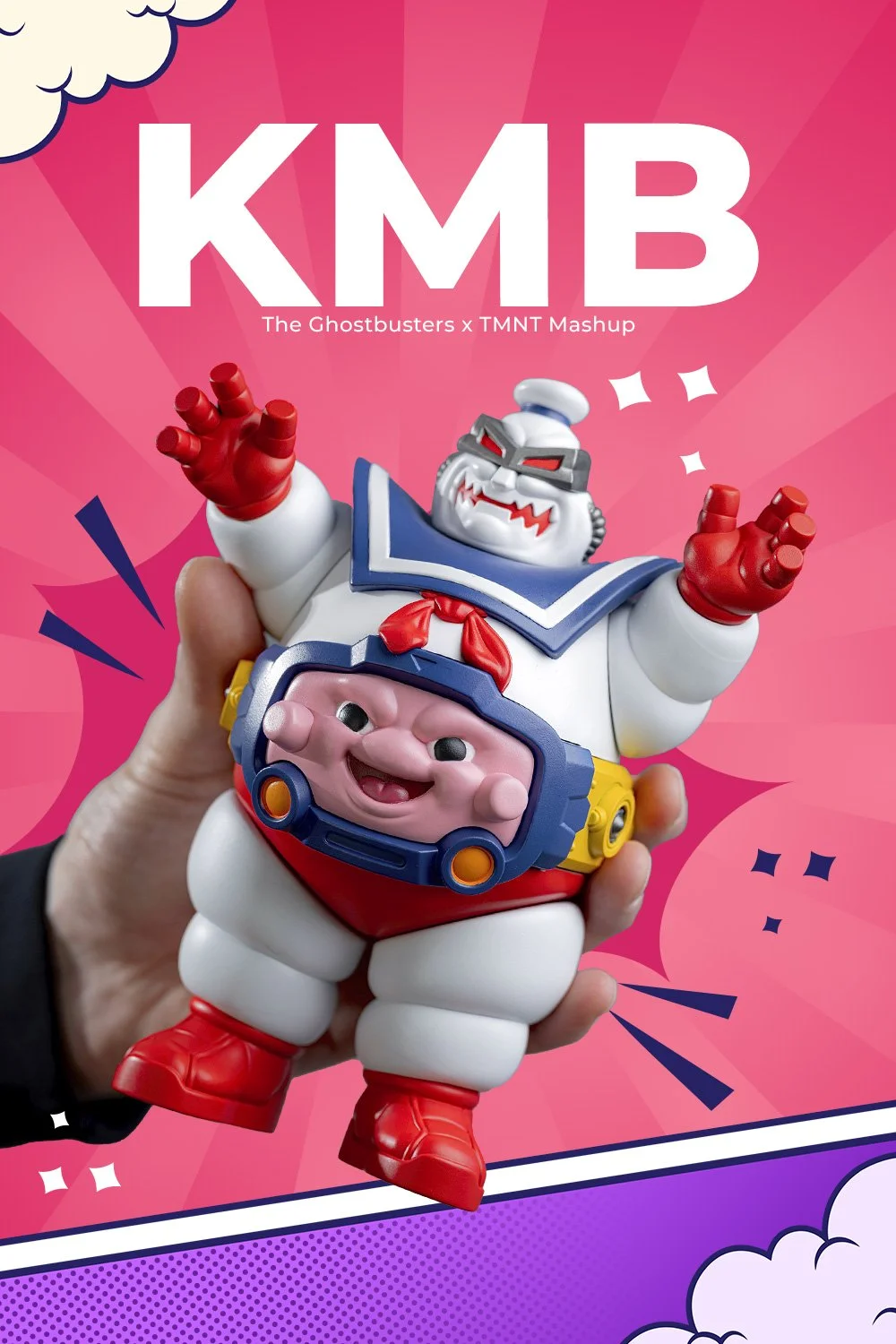 Toy figure of Slimer from Ghostbusters and a character from TMNT mashup held in hand against pink comic-style background with text 'KMB The Ghostbusters x TMNT Mashup'.