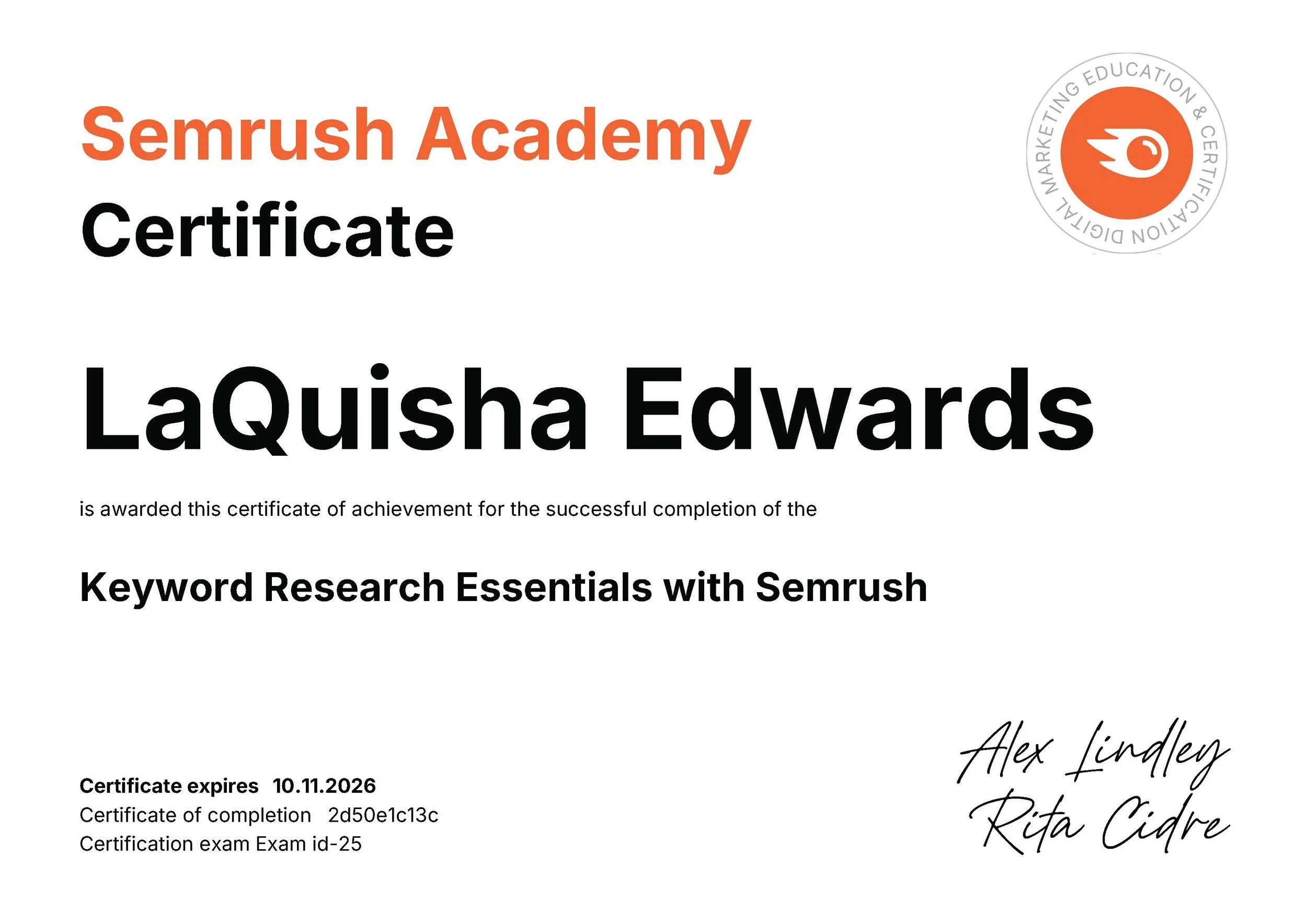 Semrush Academy Keyword Research Essentials Certificate