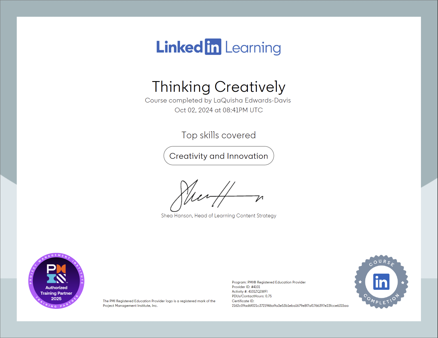 Thinking Creatively LinkedIn Learning Certificate