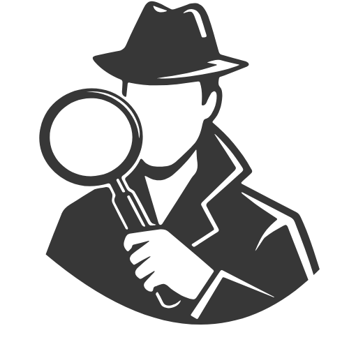 Icon of a person wearing a hat and trench coat holding a magnifying glass.