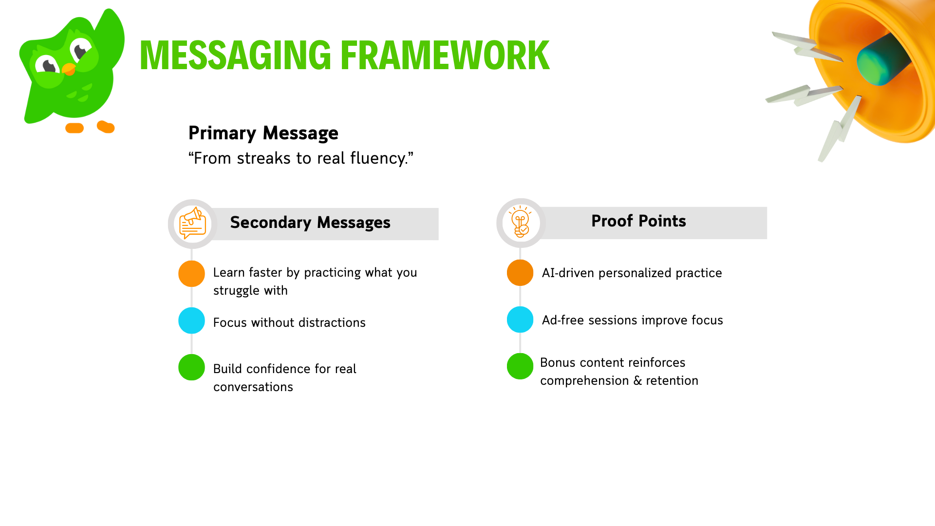 powerpoint slide with the messaging framework for Duolingo Premium new product feature