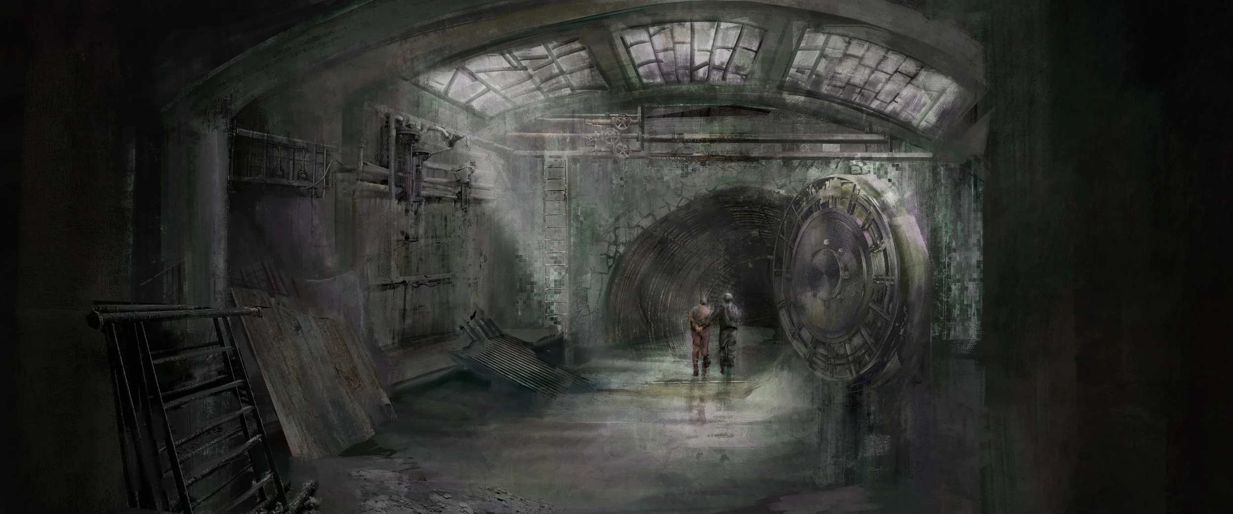 A dark, abandoned underground vault with a large, circular, metallic door and two individuals walking towards it.