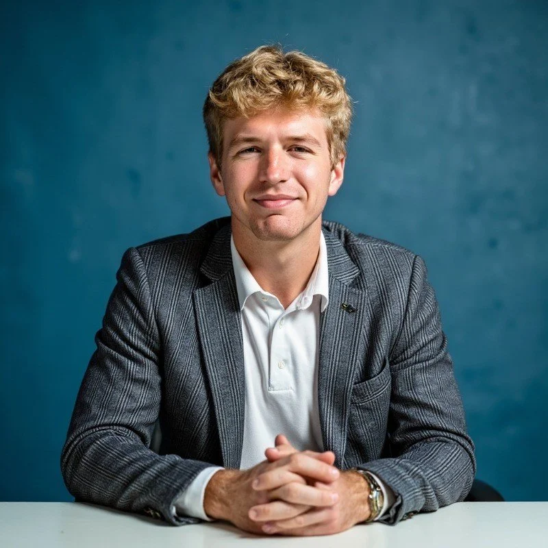 A young man with blonde hair in a checkered blazer and white shirt sitting at a desk with a blue background.