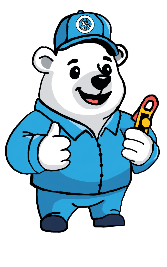 Cartoon bear construction worker wearing blue uniform and cap, holding a wrench and giving a thumbs-up.