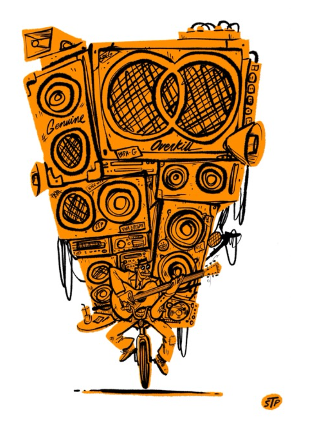A drawing of a person riding a bicycle, surrounded by large speakers stacked on a large, uniquely shaped structure, with musical equipment and notes. The speakers and equipment are in orange and black, with a DJ element and musical theme.
