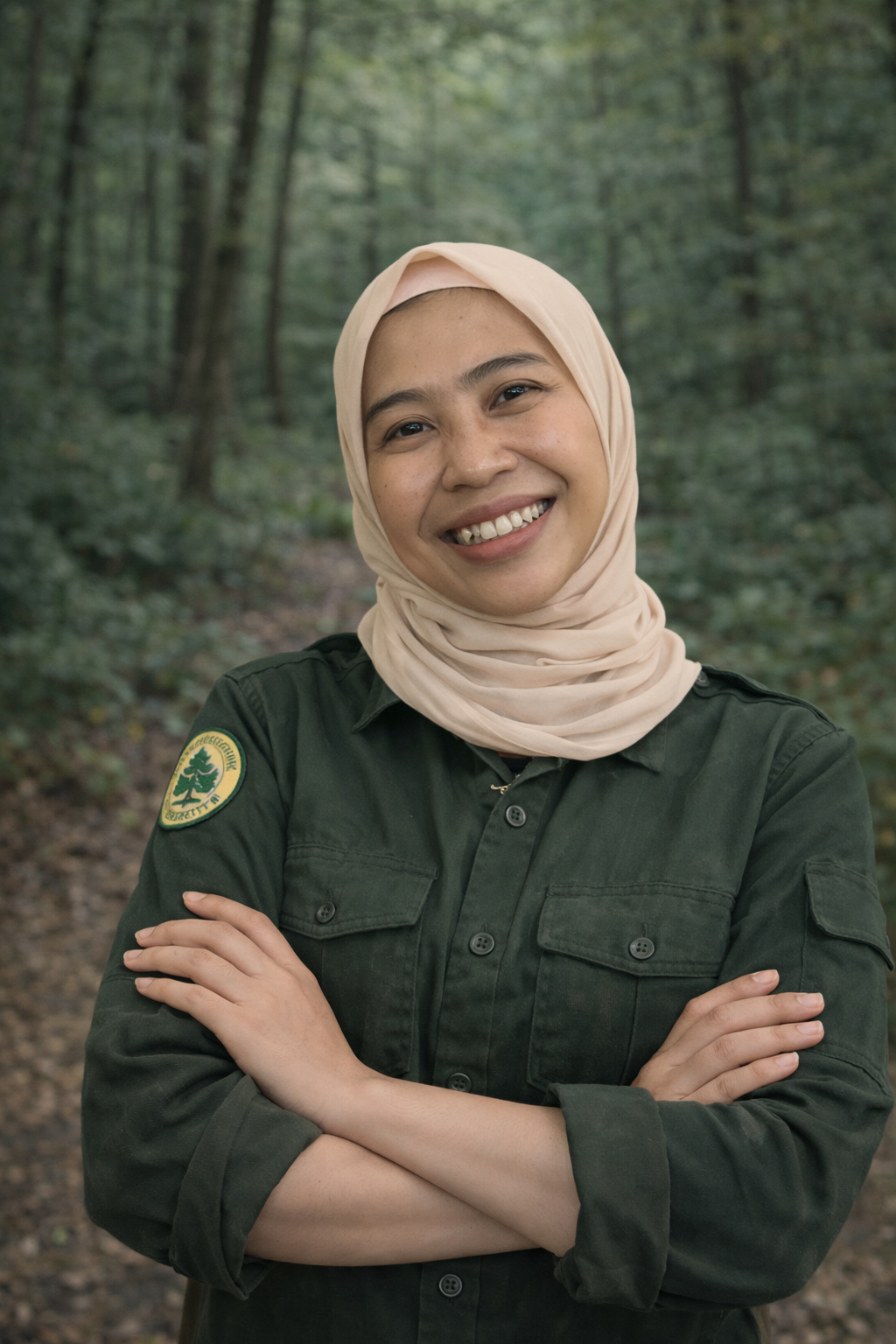 A smiling woman in a beige hijab and green uniform with a forest background.