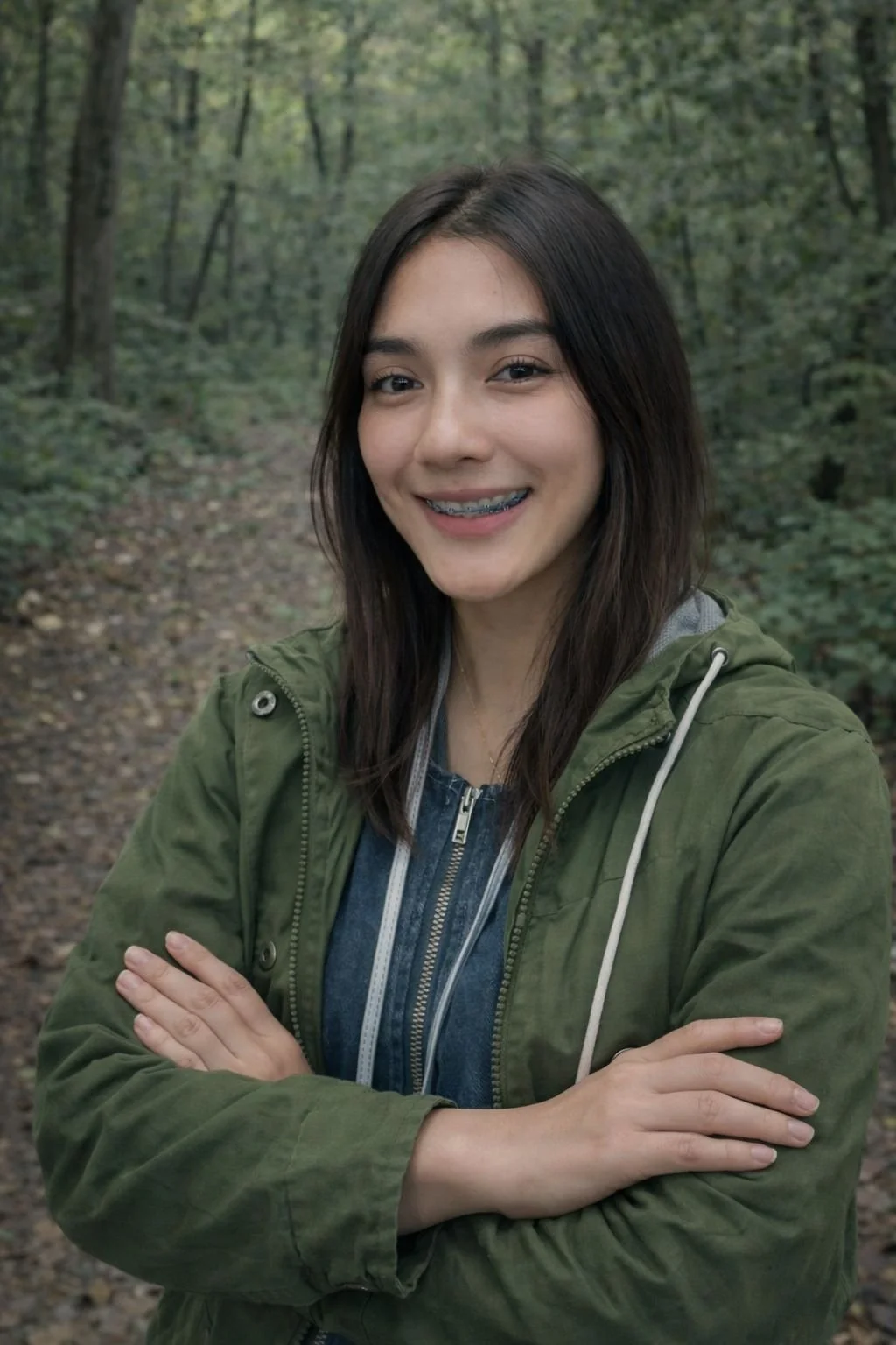 Young woman smiling with braces, standing in a forest, wearing a green jacket and crossing her arms.