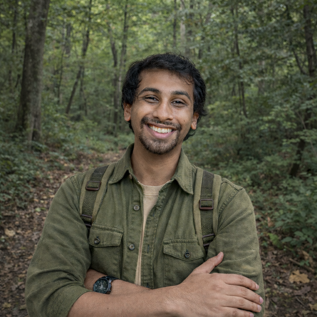 A smiling man with dark hair and a goatee stands in a wooded forest, wearing a green jacket and a backpack.