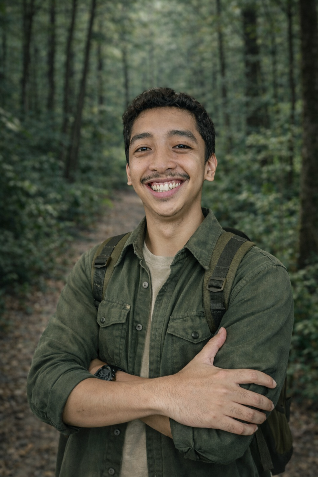 A smiling young man with a backpack standing with crossed arms on a forest trail.
