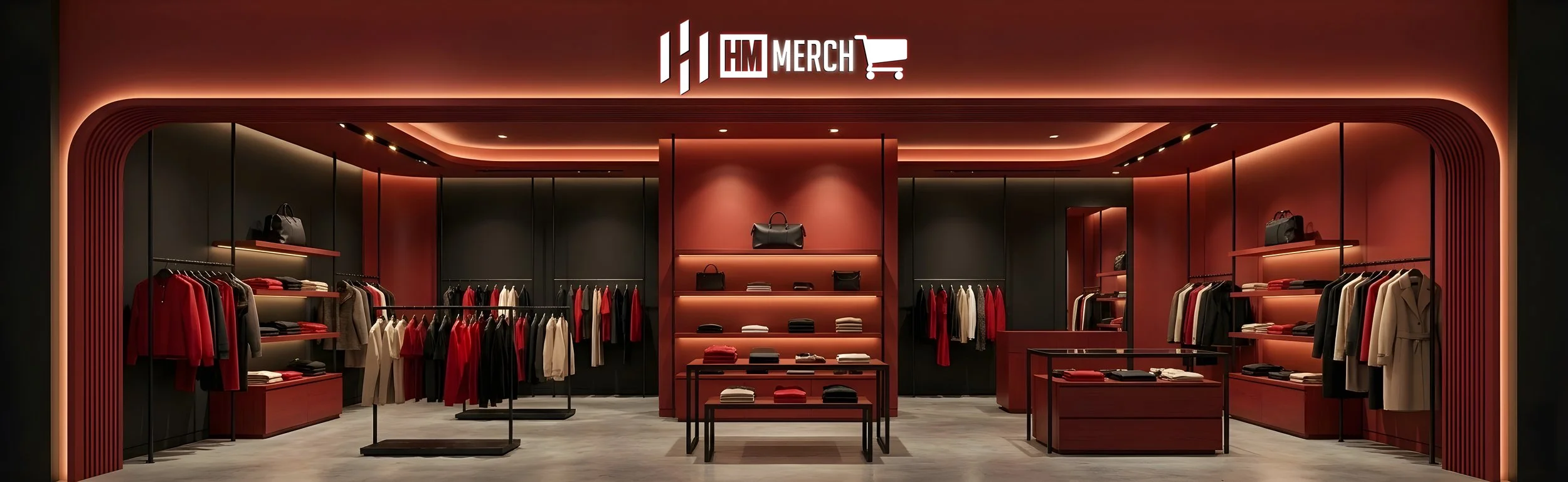 Modern clothing store with red and black decor, displaying racks of jackets, sweaters, and accessories. HM Corp Online Store