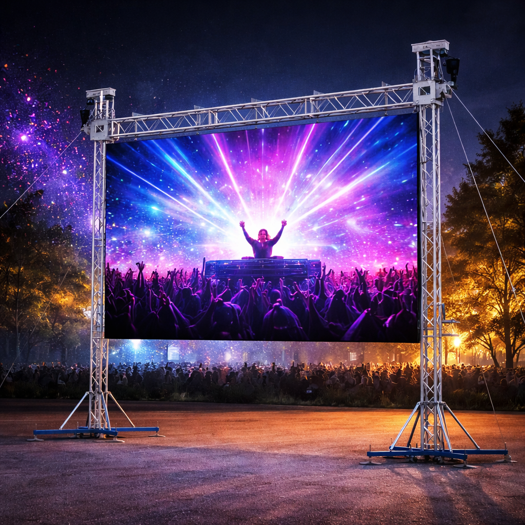 Outdoor LED video wall displaying a live concert scene with vibrant blue and purple lighting, mounted on a truss system for events and festivals
