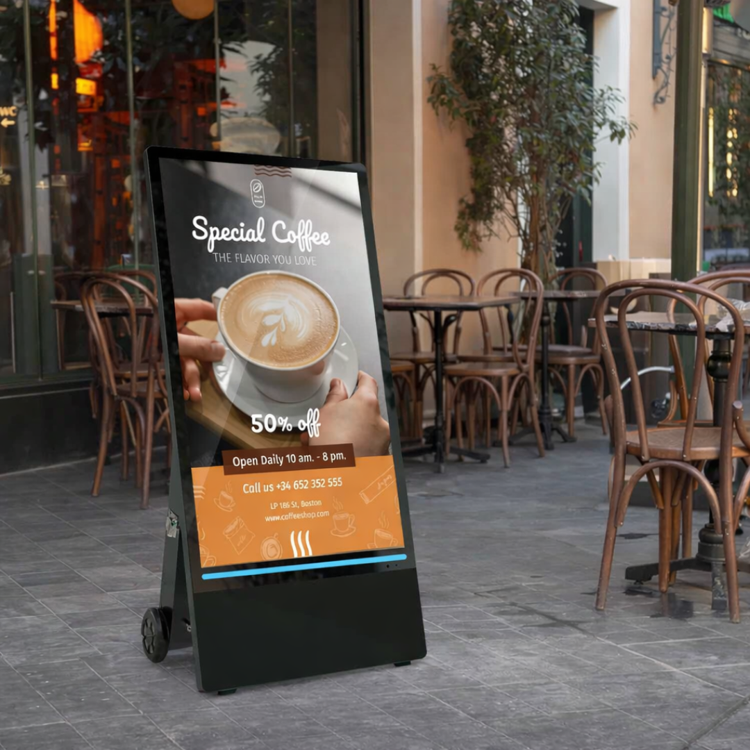 Portable high resolution LCD signage, displayed outside of city cafe, patio set up in background