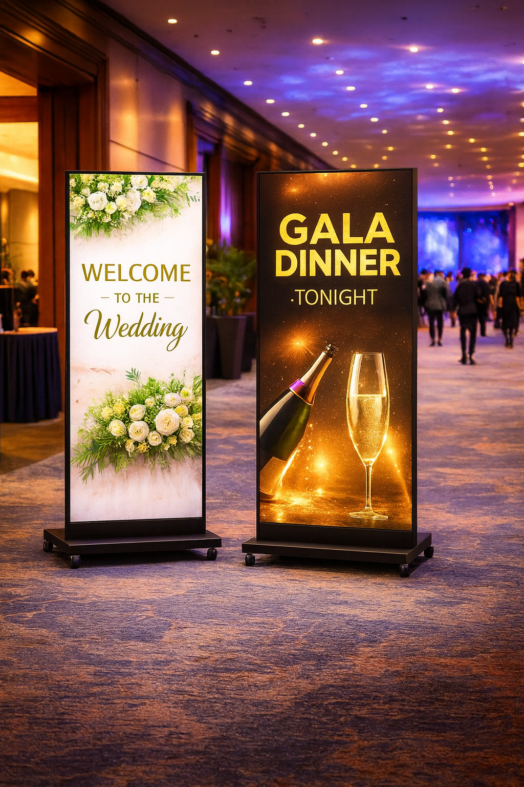 Two vertical digital signage displays with colorful wedding and gala artwork against a conference background.
